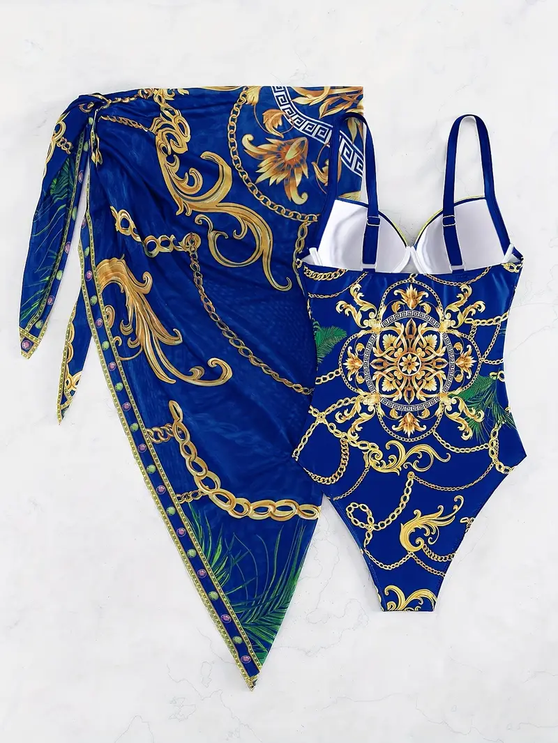 Maiôs elegantes de 2 peças com estampa de corrente, decote em coração, floral barroco, alças finas, saia vintage, roupa de banho feminina para férias, detalhes 2