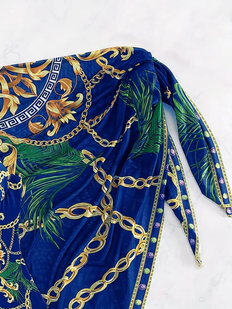 Maiôs elegantes de 2 peças com estampa de corrente, decote em coração, floral barroco, alças finas, saia vintage, saída de banho, roupa de banho feminina para férias, detalhes 3