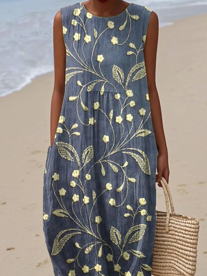 Vestido feminino sem mangas com estampa floral, algodão e linho-This With This 
