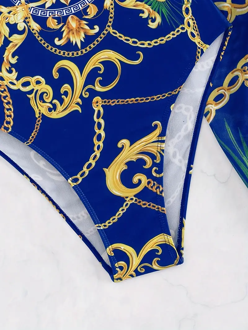 Maiôs elegantes de 2 peças com estampa de corrente, decote coração floral barroco, alças finas, saia vintage, saída de banho feminina, roupa de banho para férias, detalhes 4