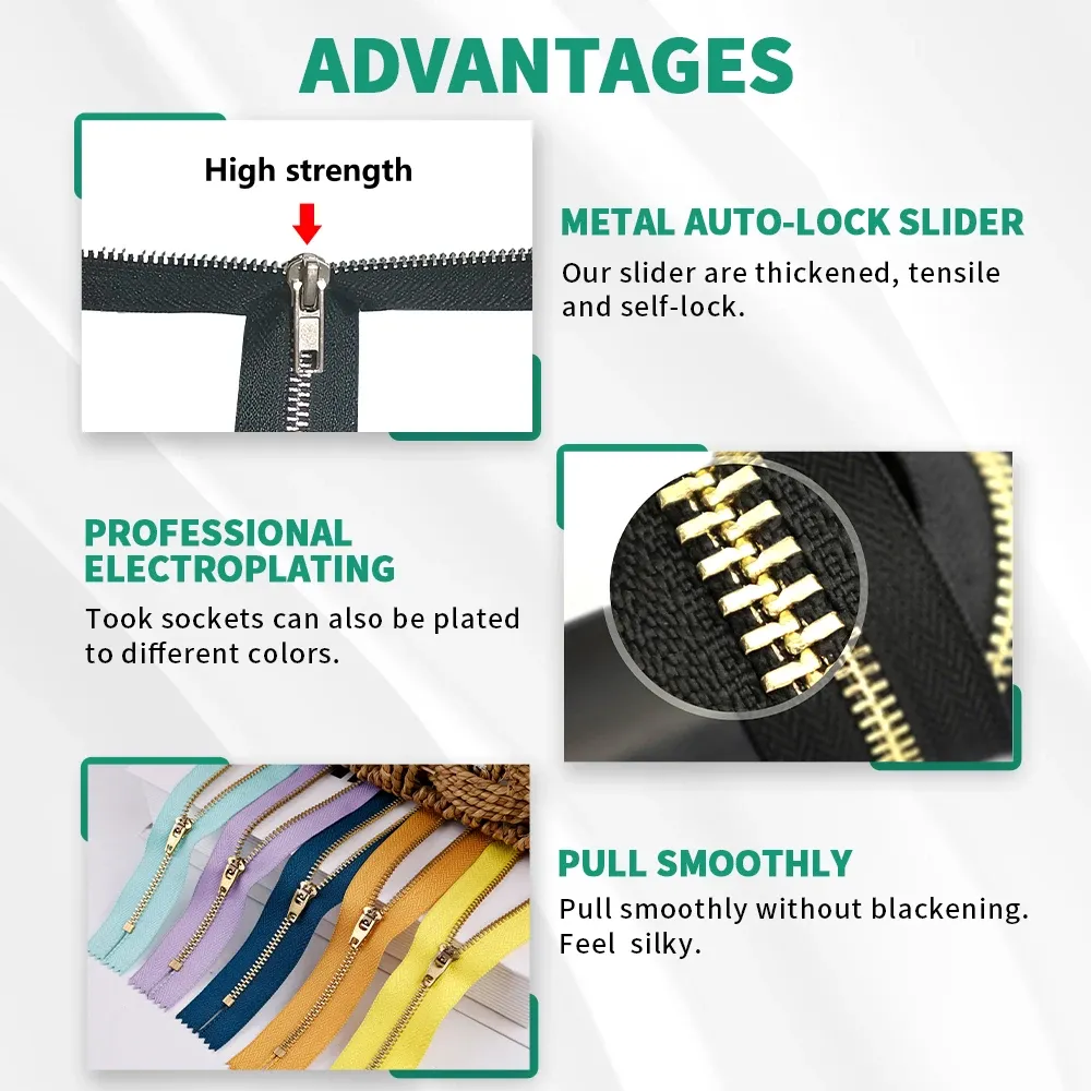 Customised Size Color Weight Black Long Chain Metal Zippers Rolls For Lady Bag Cloth Plating Brass Aluminum Stainless Steel Zip