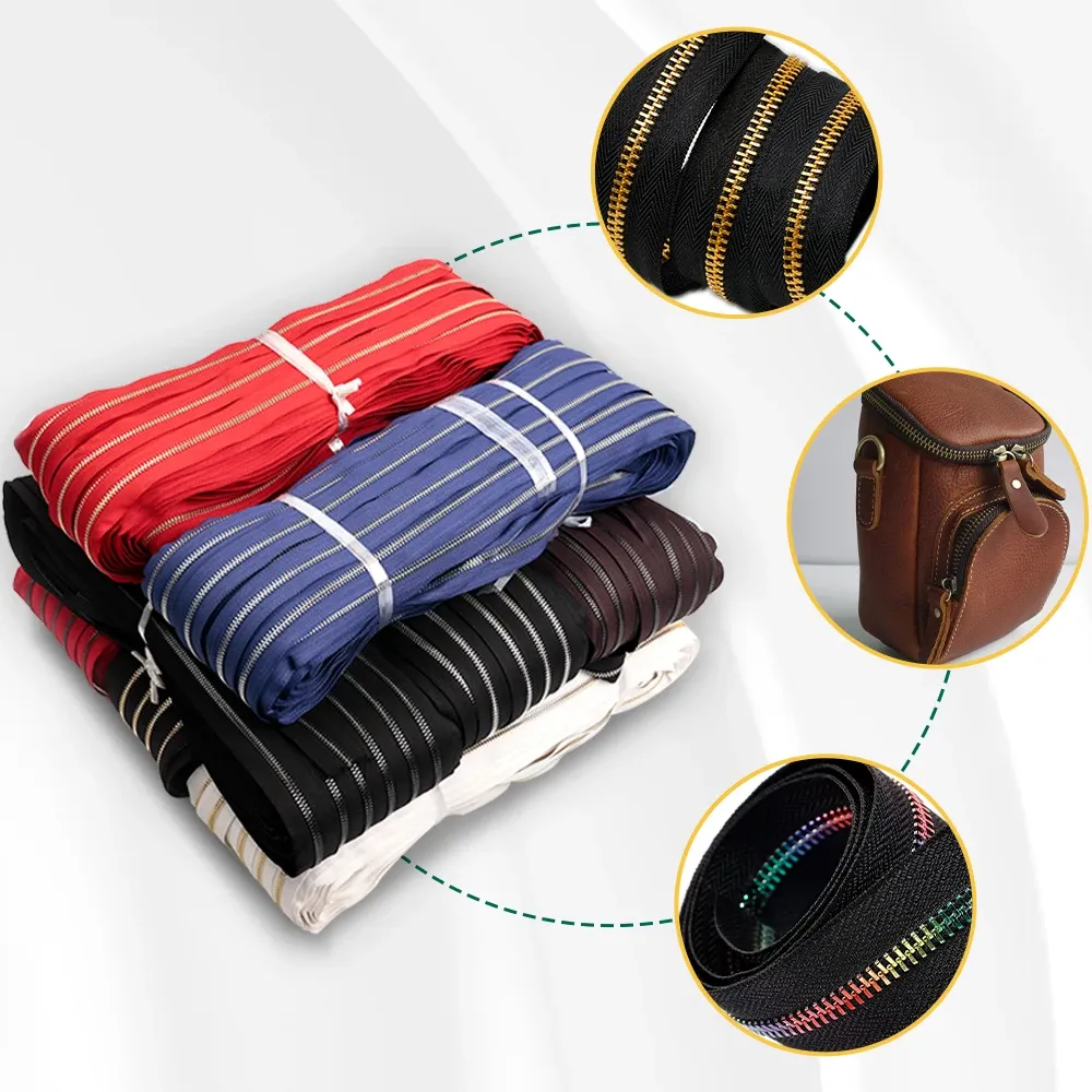Customised Size Color Weight Black Long Chain Metal Zippers Rolls For Lady Bag Cloth Plating Brass Aluminum Stainless Steel Zip