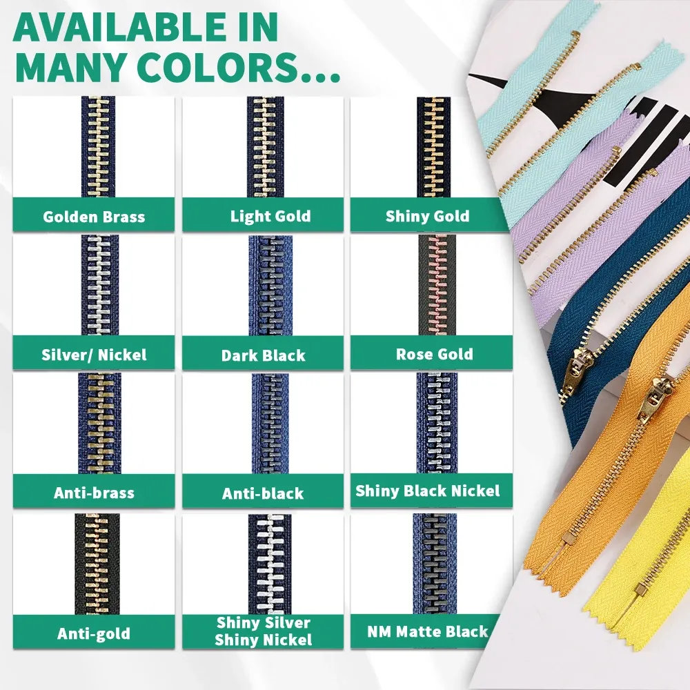 Customised Size Color Weight Black Long Chain Metal Zippers Rolls For Lady Bag Cloth Plating Brass Aluminum Stainless Steel Zip