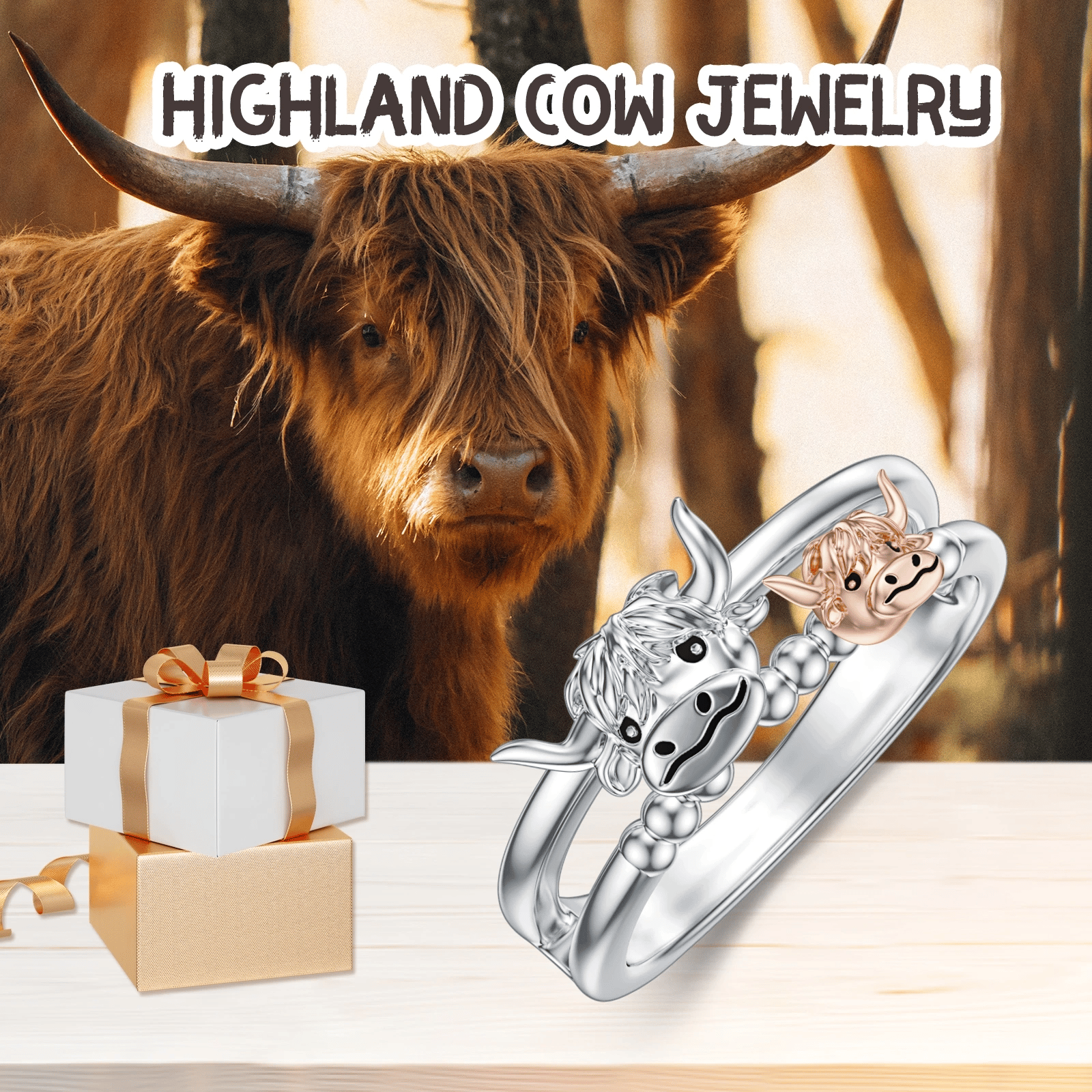 🔥HOT SALE 49% OFF 💕 ✨ Handcrafted Highland Cow 925 Sterling Silver Adjustable Ring