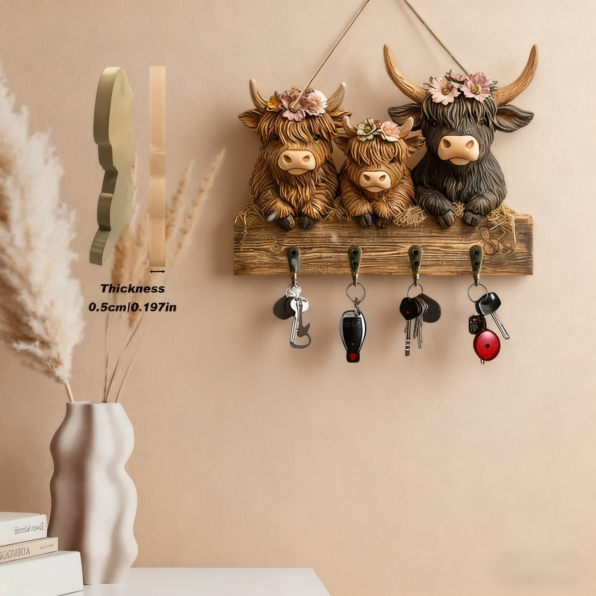 🐮 Rustic Highland Cow Wooden Family Key Holder Hanging Ornament with 4 Hooks