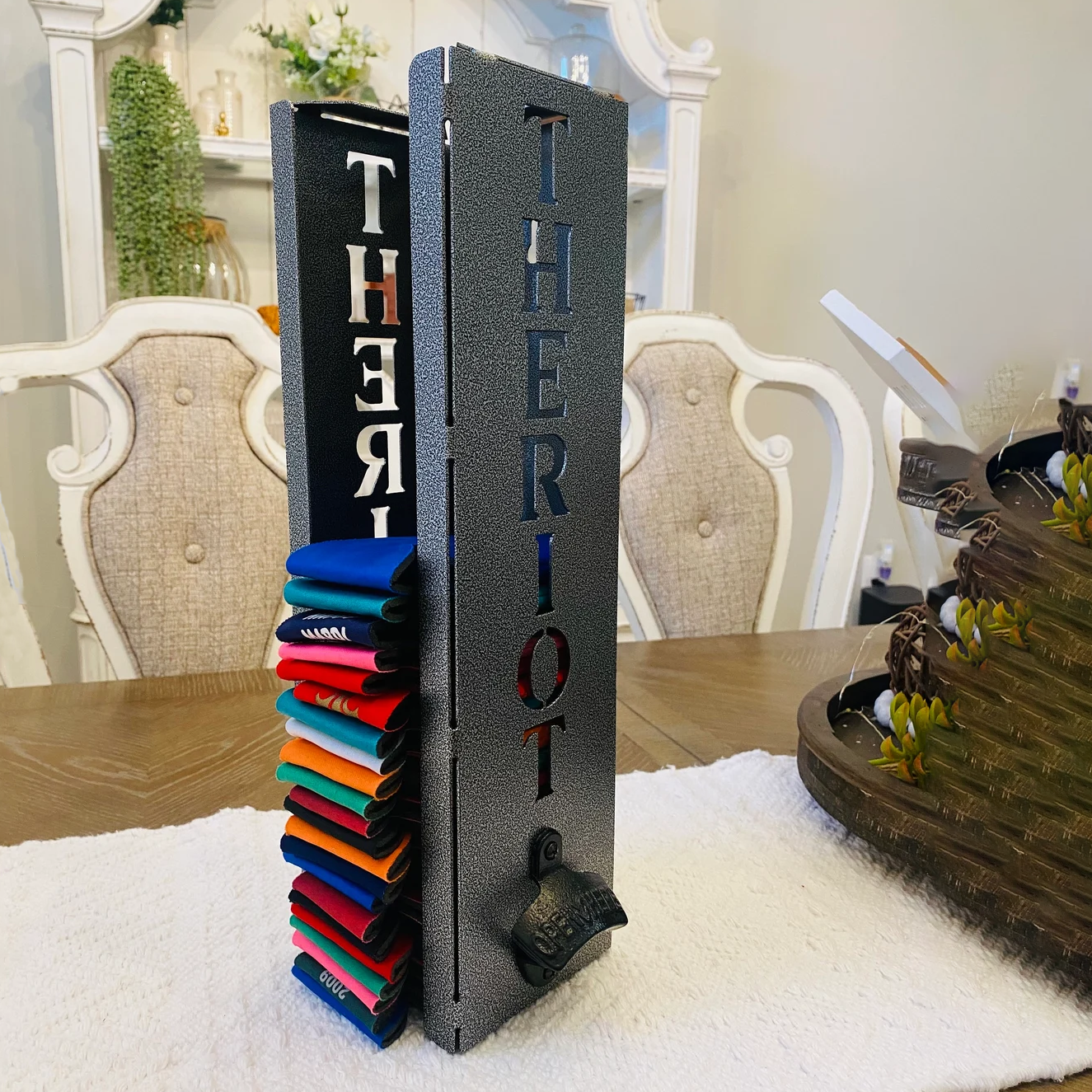 Can cooler holder with bottle opener