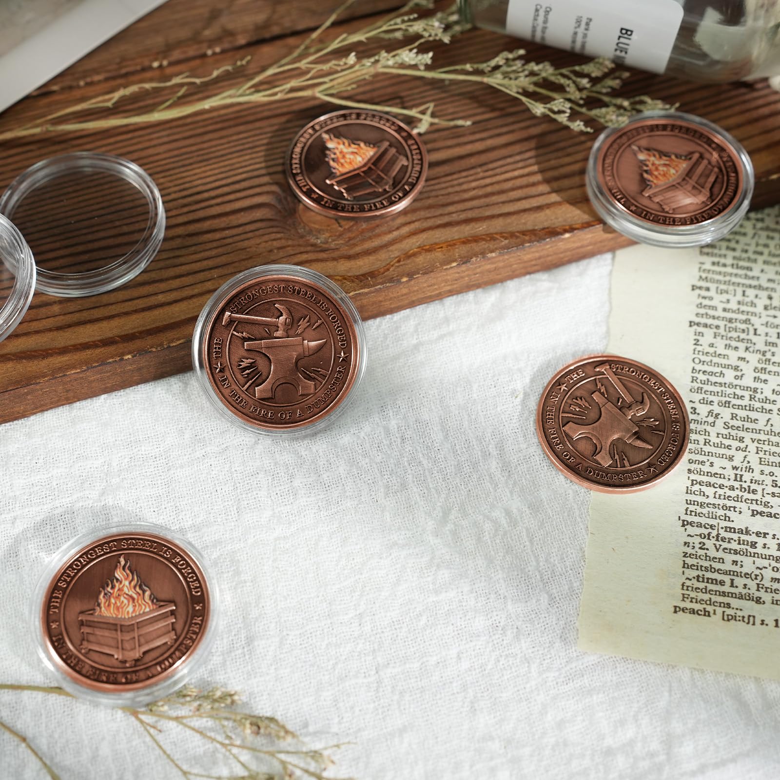 Antique Copper Dumpster Fire Challenge Coins