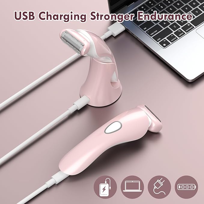 Electric Razor for Women - Painless Eletric Shavers for Women, Body Hair Removal for Legs and Underarms, Ladies Bikini Trimmer Wet Dry Shave, Rechargeable, with LED Light (Pink)