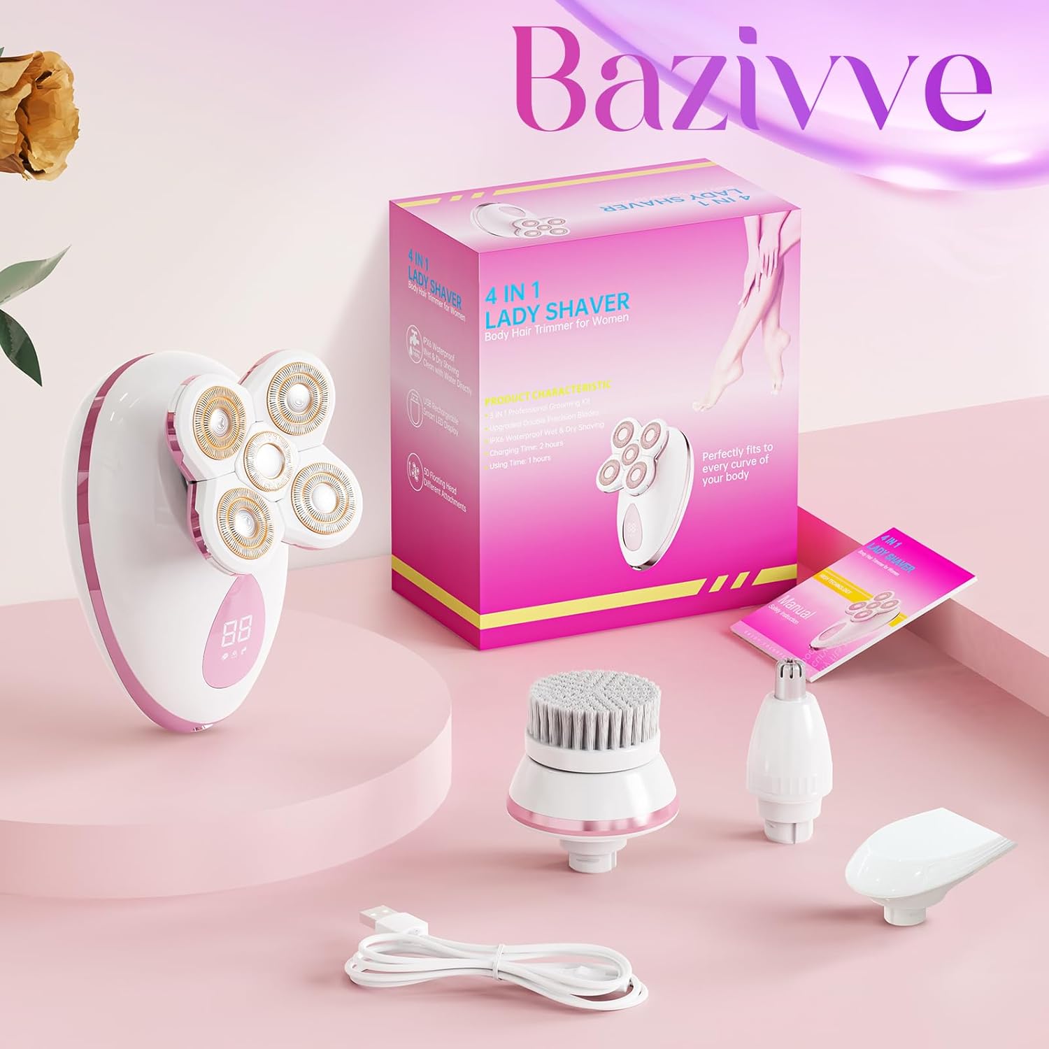 Electric Razors for Women - Painless Body Shavers for Sensitive Skin - 4 in 1 Cordless Lady Trimmer for Women's Leg, Bikini and Face - Waterproof Wet/Dry Hair Remover Kit, Rechargeable, Pink