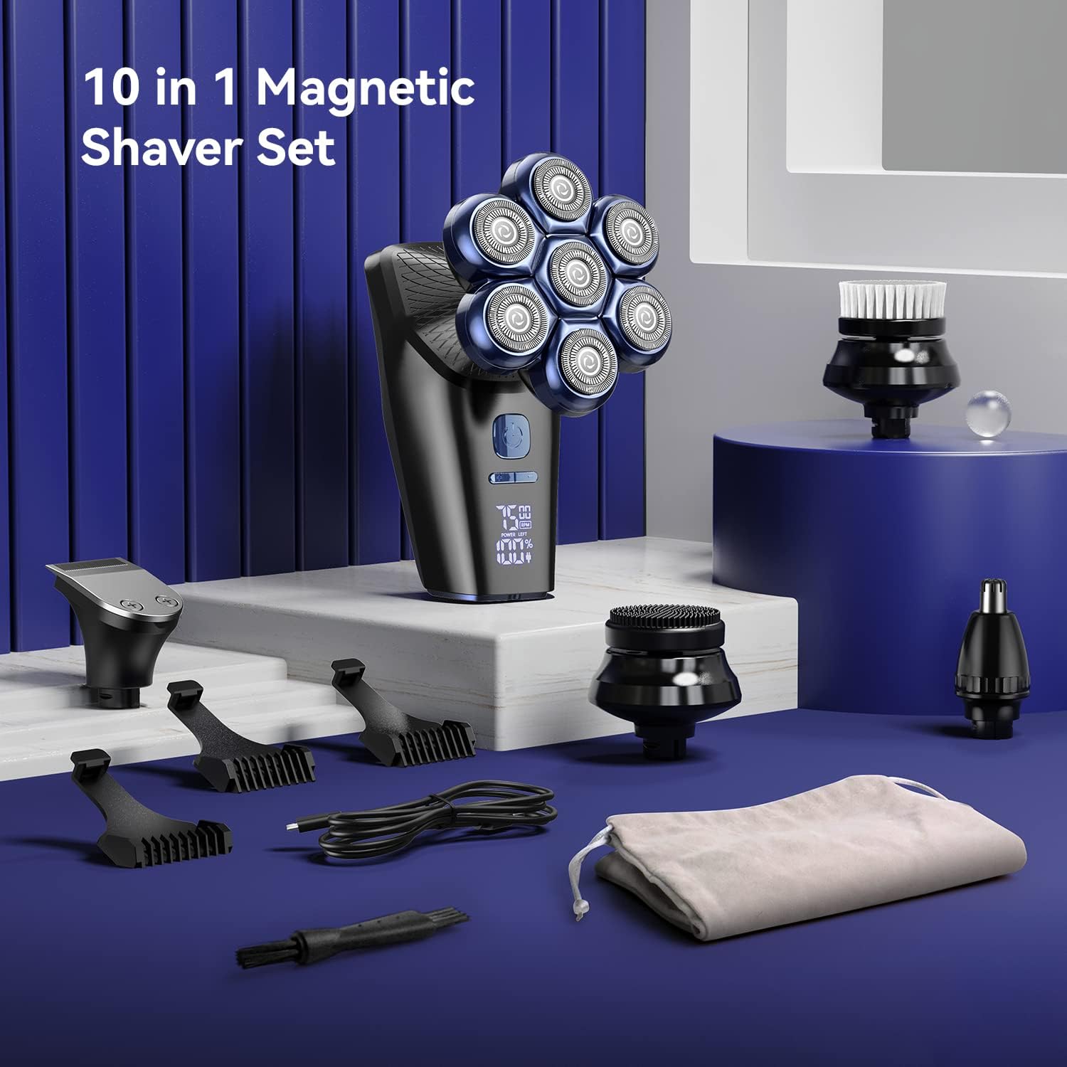 Head Shavers for Bald Men, Bald Head Shavers for Men, 7D Electric Magnetic Head Shaver Razor Face Hair Trimmer for Men, Rechargeable LED Display IPX7 Waterproof Detachable 10 in 1 Grooming Kit (Blue)