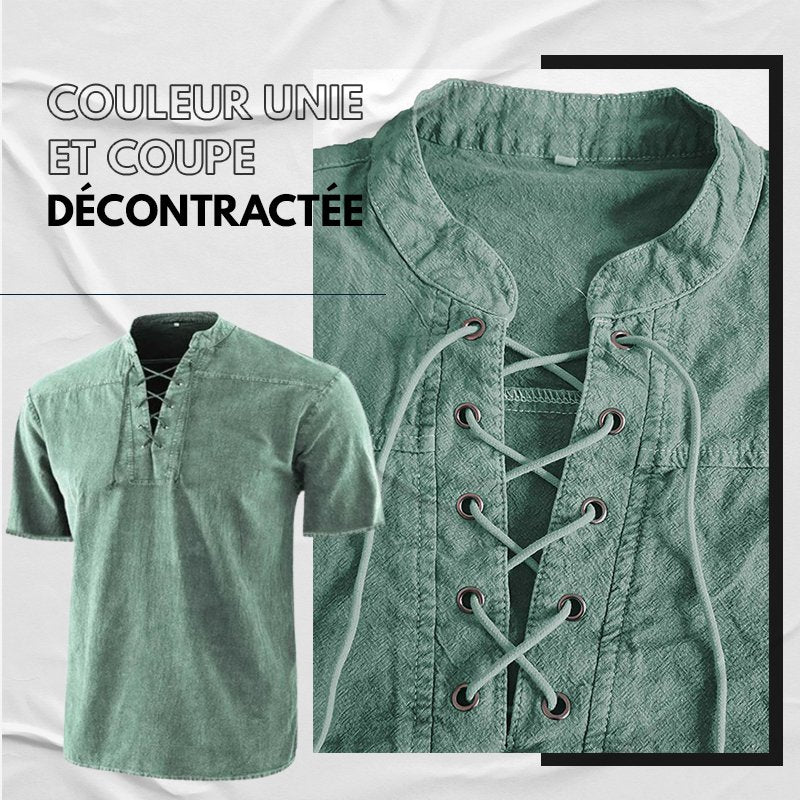 Men Gothic Retro T Shirt Lace-up V-neck Linen Pocket Short Sleeve Tee Shirt Loose Tops