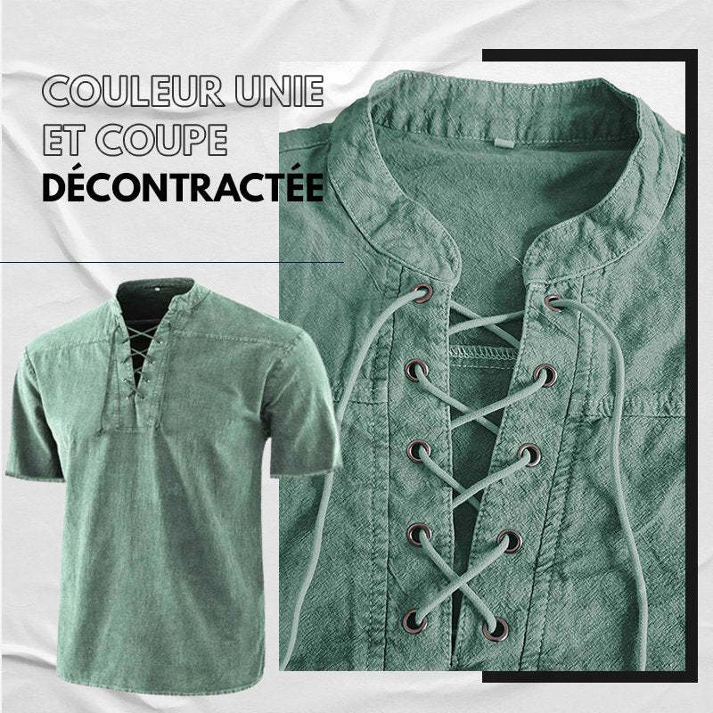 Men Gothic Retro T Shirt Lace-up V-neck Linen Pocket Short Sleeve Tee Shirt Loose Tops