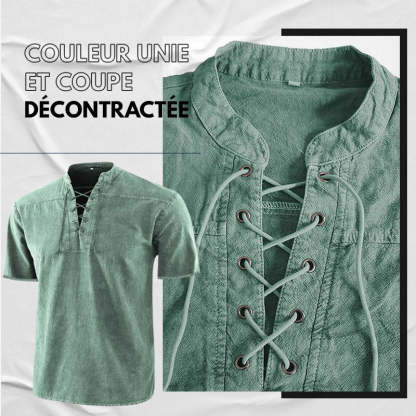 Men Gothic Retro T Shirt Lace-up V-neck Linen Pocket Short Sleeve Tee Shirt Loose Tops