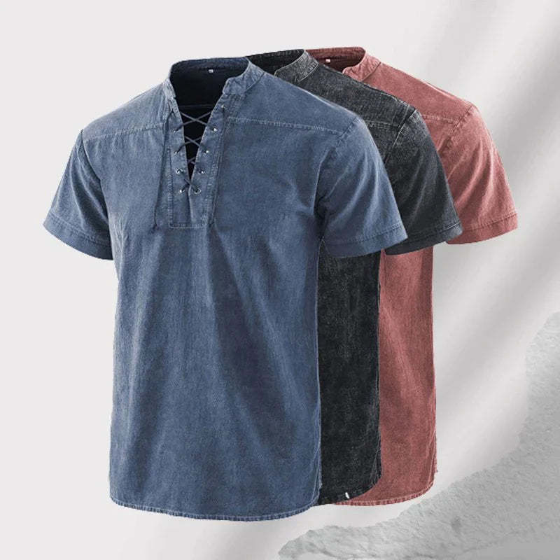 Men Gothic Retro T Shirt Lace-up V-neck Linen Pocket Short Sleeve Tee Shirt Loose Tops