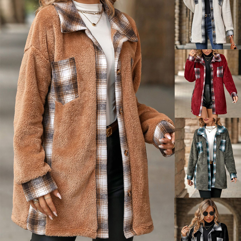 Plaid patchwork polar fleece jacket