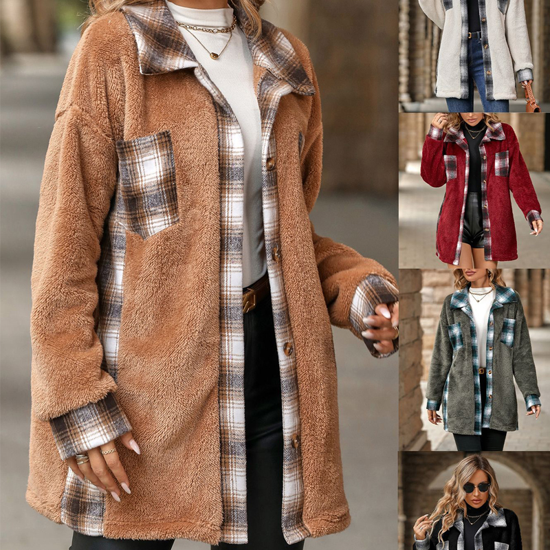 Plaid patchwork polar fleece jacket