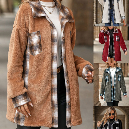 Plaid patchwork polar fleece jacket