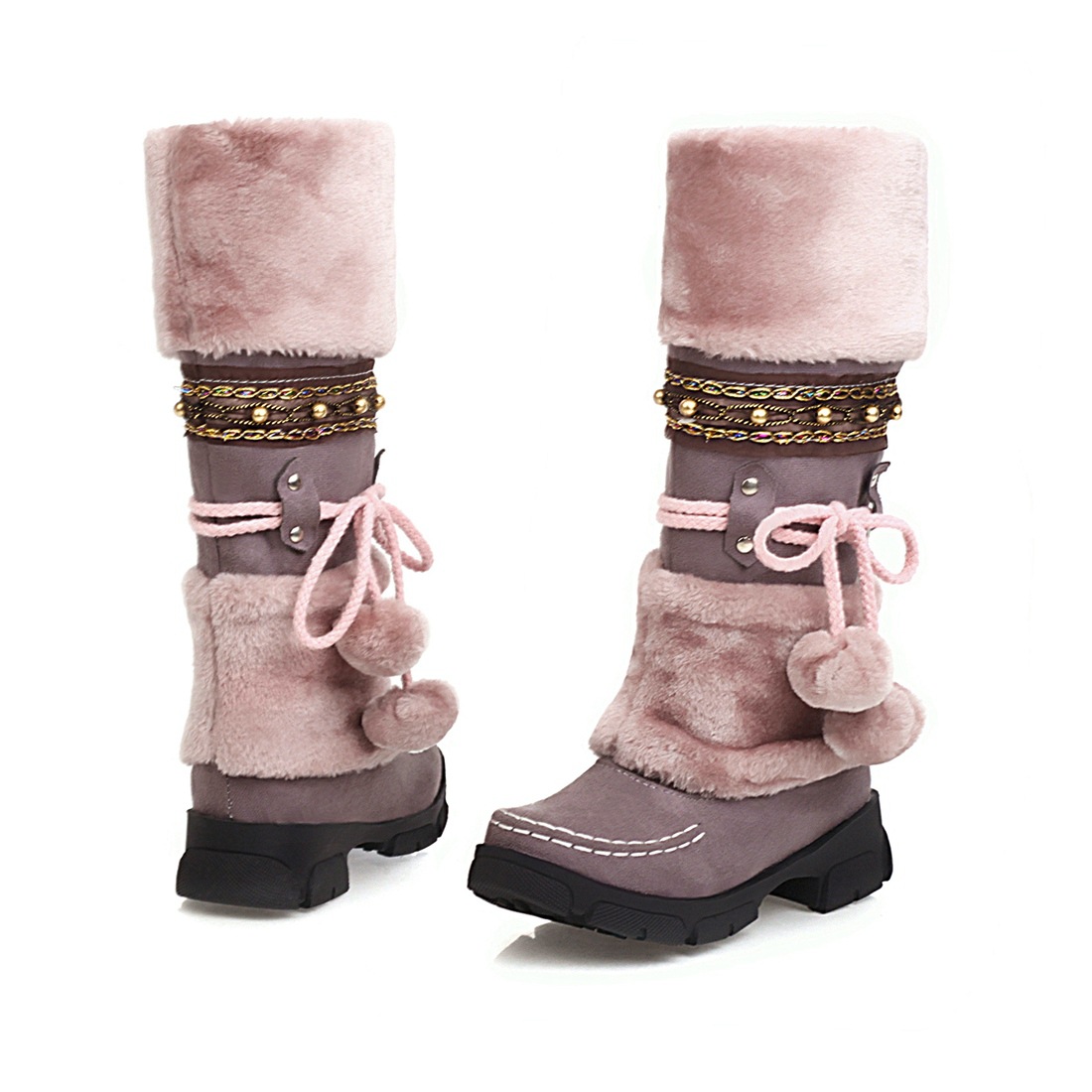 Bohemian Style Winter Faux Fur Boots with Decorative Pom-Poms