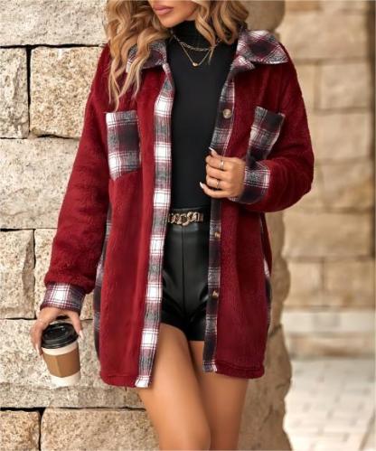 Plaid patchwork polar fleece jacket