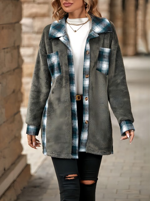 Plaid patchwork polar fleece jacket