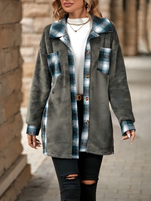 Plaid patchwork polar fleece jacket