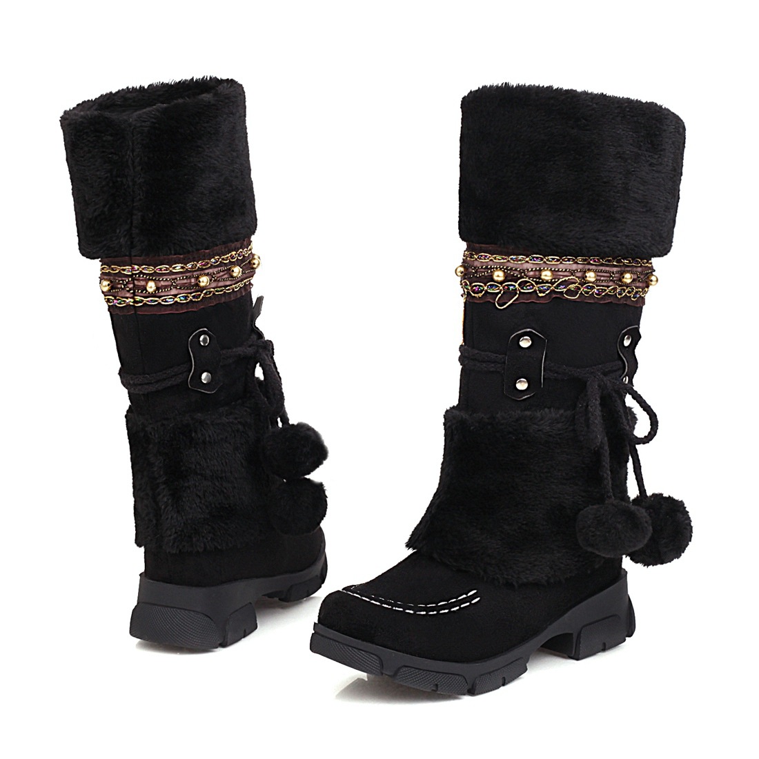 Bohemian Style Winter Faux Fur Boots with Decorative Pom-Poms