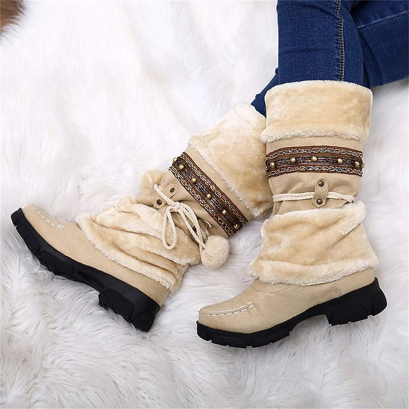 Bohemian Style Winter Faux Fur Boots with Decorative Pom-Poms