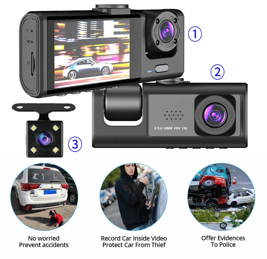 3-Channel 1080P Car Driving Recorder (Three Cameras)