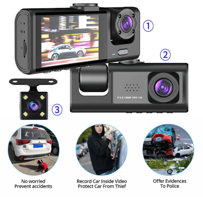 3-Channel 1080P Car Driving Recorder (Three Cameras)
