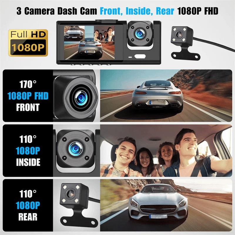 3-Channel 1080P Car Driving Recorder (Three Cameras)
