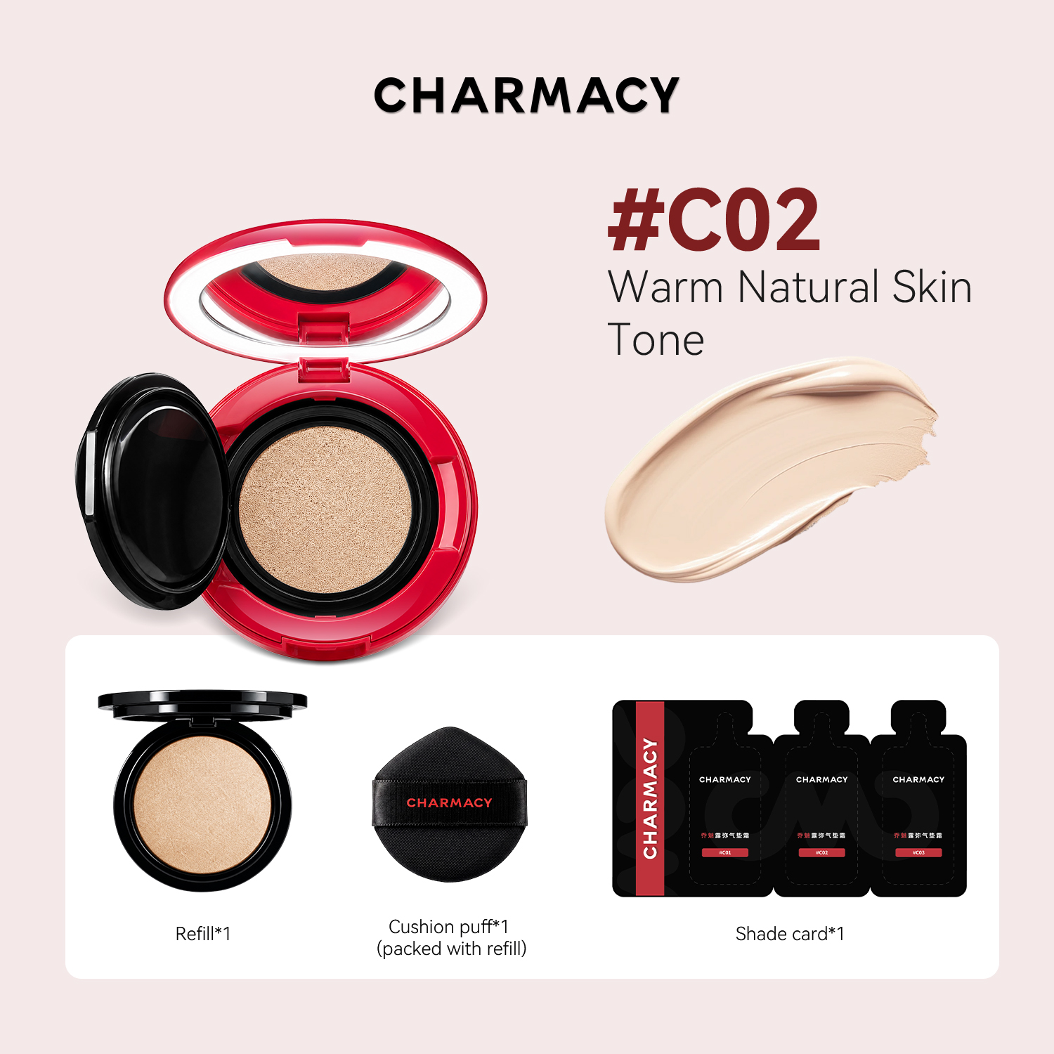 Charmacy Lumiere Cushion, All-Skin-Type, Oil-Control & Long-Wear Foundation Cushion with 12H Coverage, Hydrating Moisture, and Setting Finish.