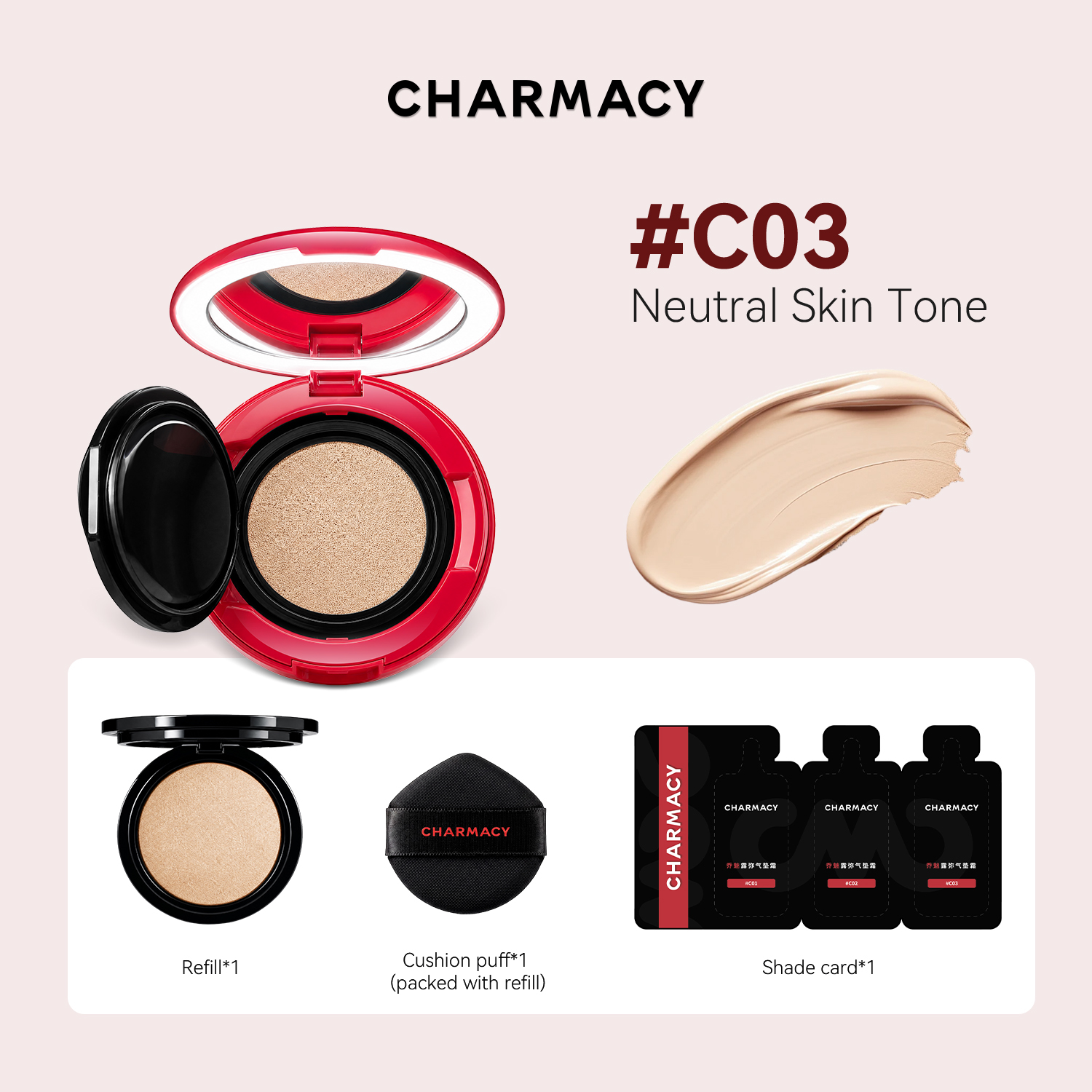 Charmacy Lumiere Cushion, All-Skin-Type, Oil-Control & Long-Wear Foundation Cushion with 12H Coverage, Hydrating Moisture, and Setting Finish.
