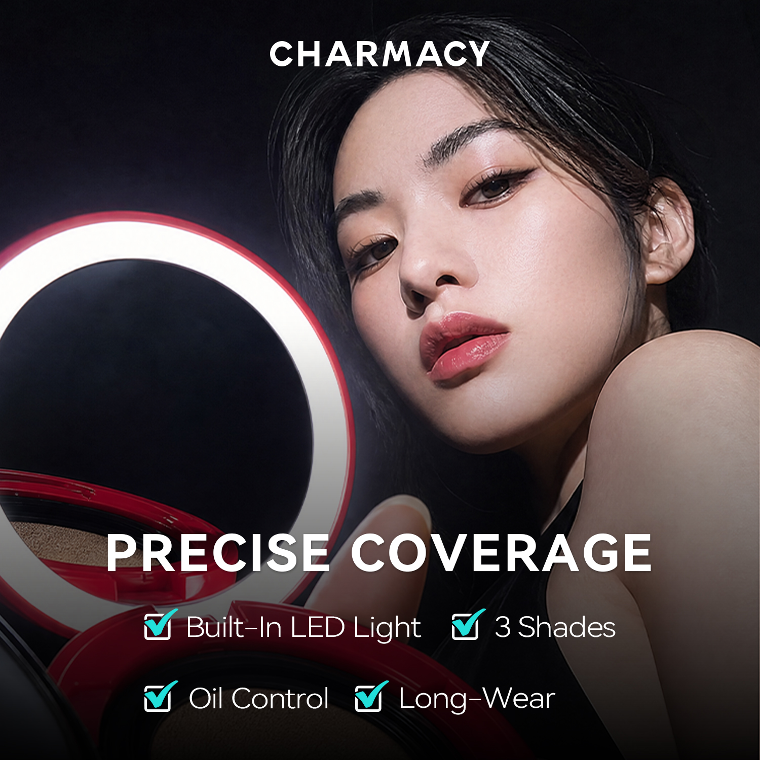 Charmacy Lumiere Cushion, All-Skin-Type, Oil-Control & Long-Wear Foundation Cushion with 12H Coverage, Hydrating Moisture, and Setting Finish.