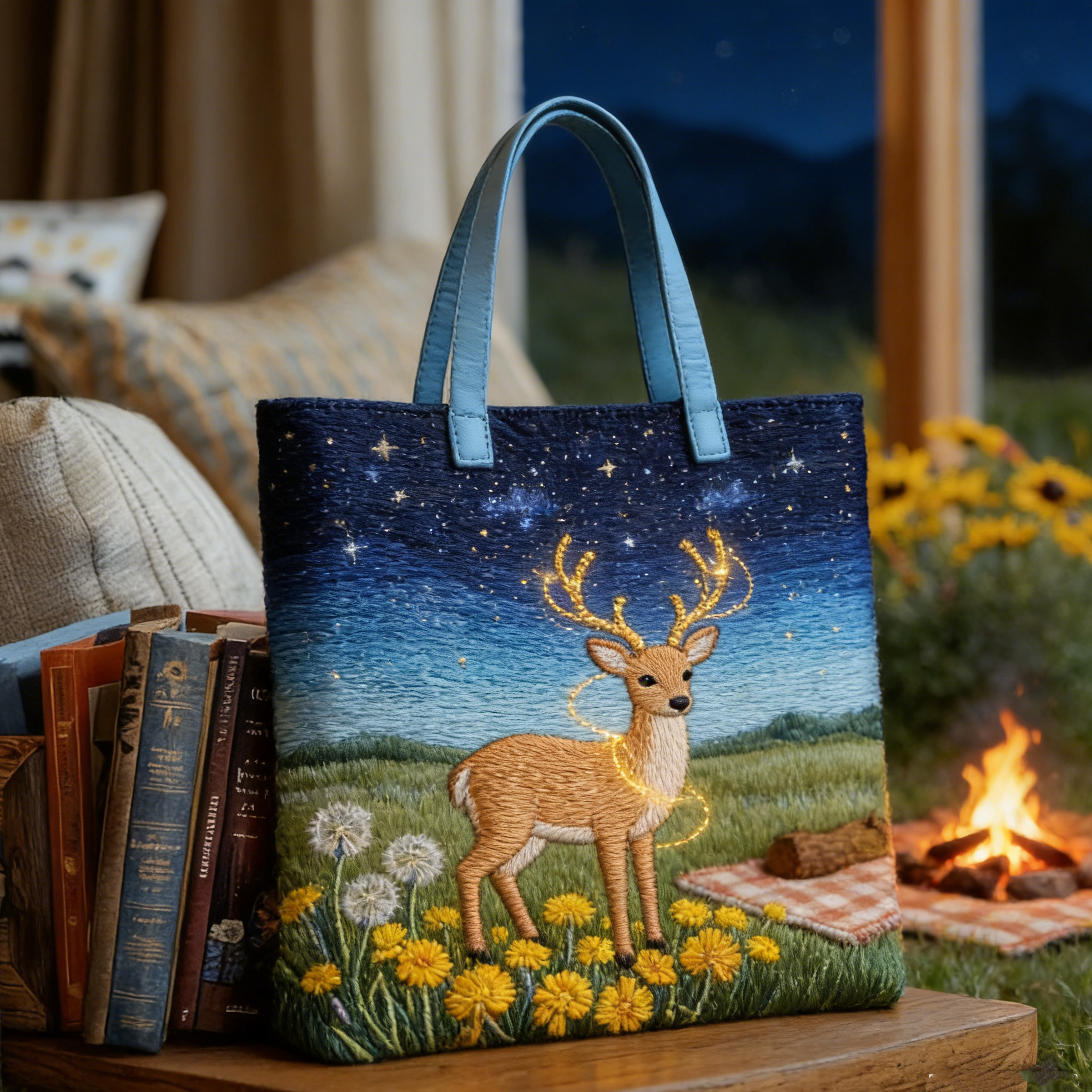 Quilted Starry Night Deer Tote Bag