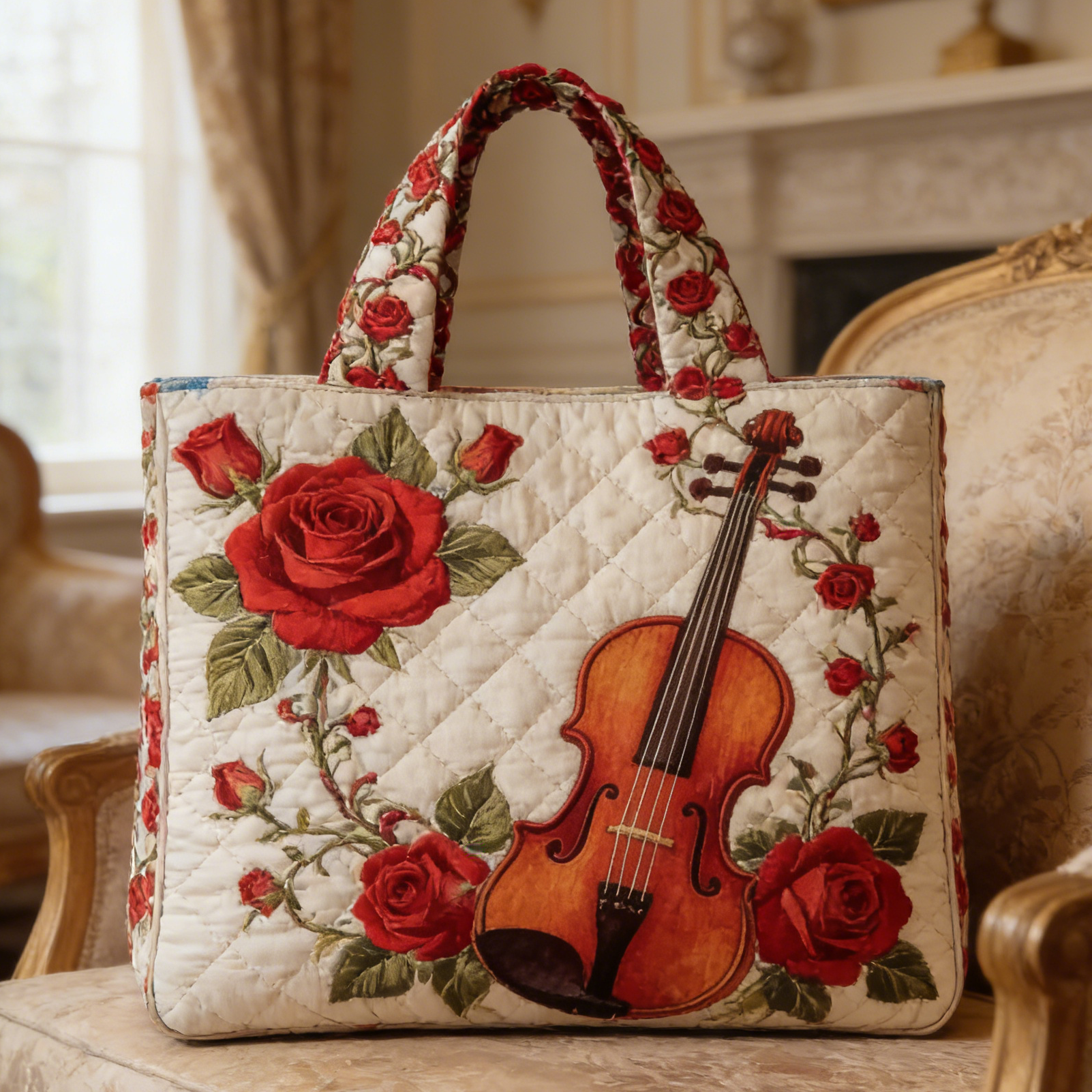 Rose & Violin Quilted Tote Bag