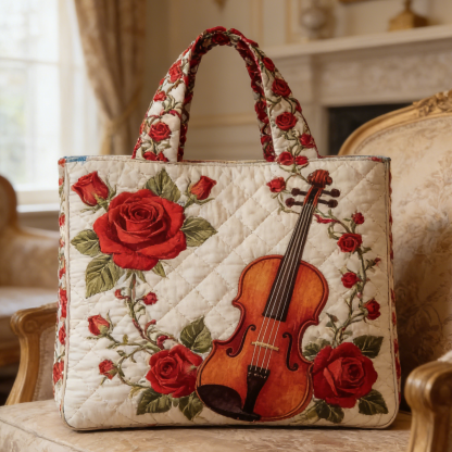 Rose & Violin Quilted Tote Bag