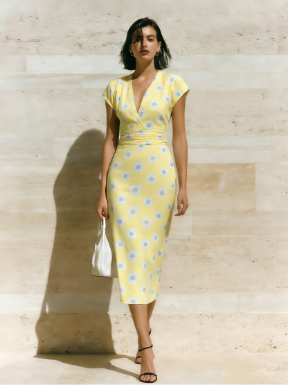 Yellow Daisy Cap Sleeve V-Neck Midi Dress KLP247