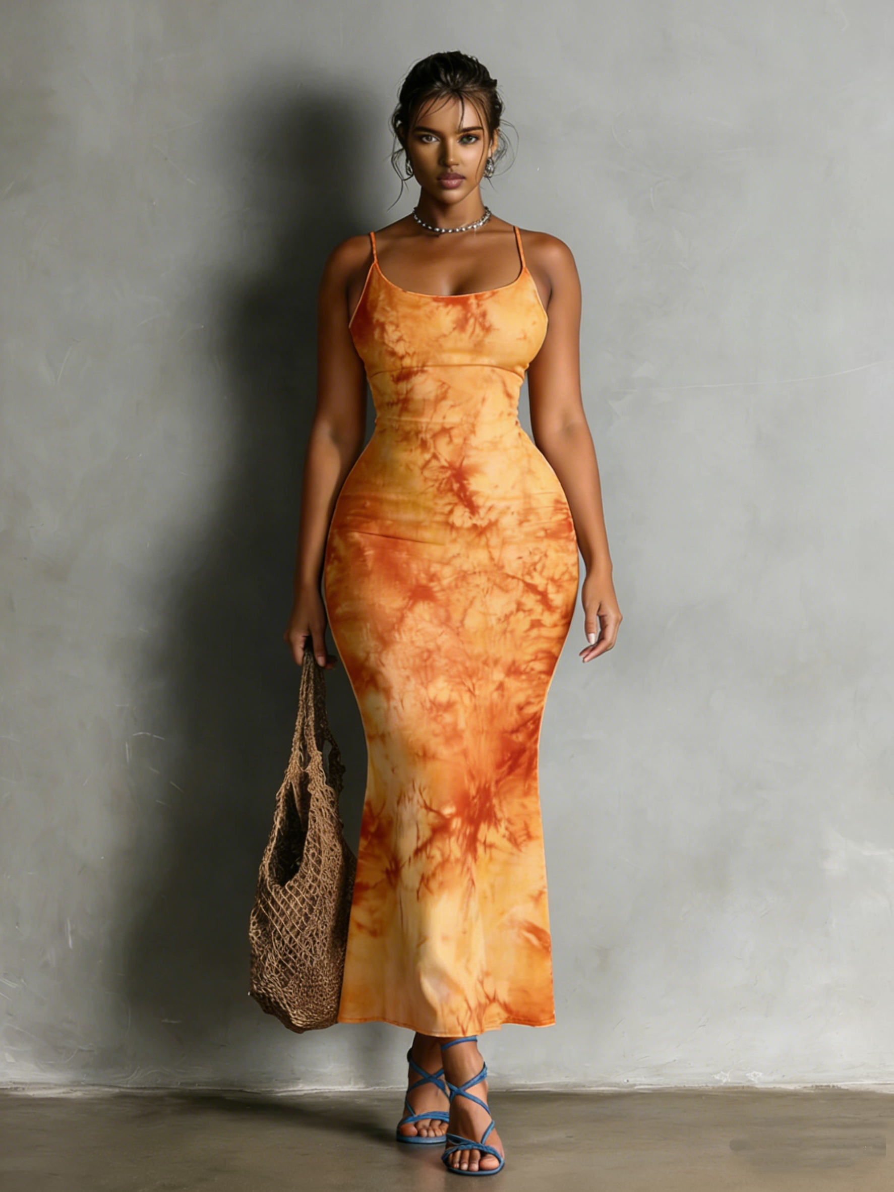 Orange Tie-Dye Spaghetti Strap Mermaid Dress