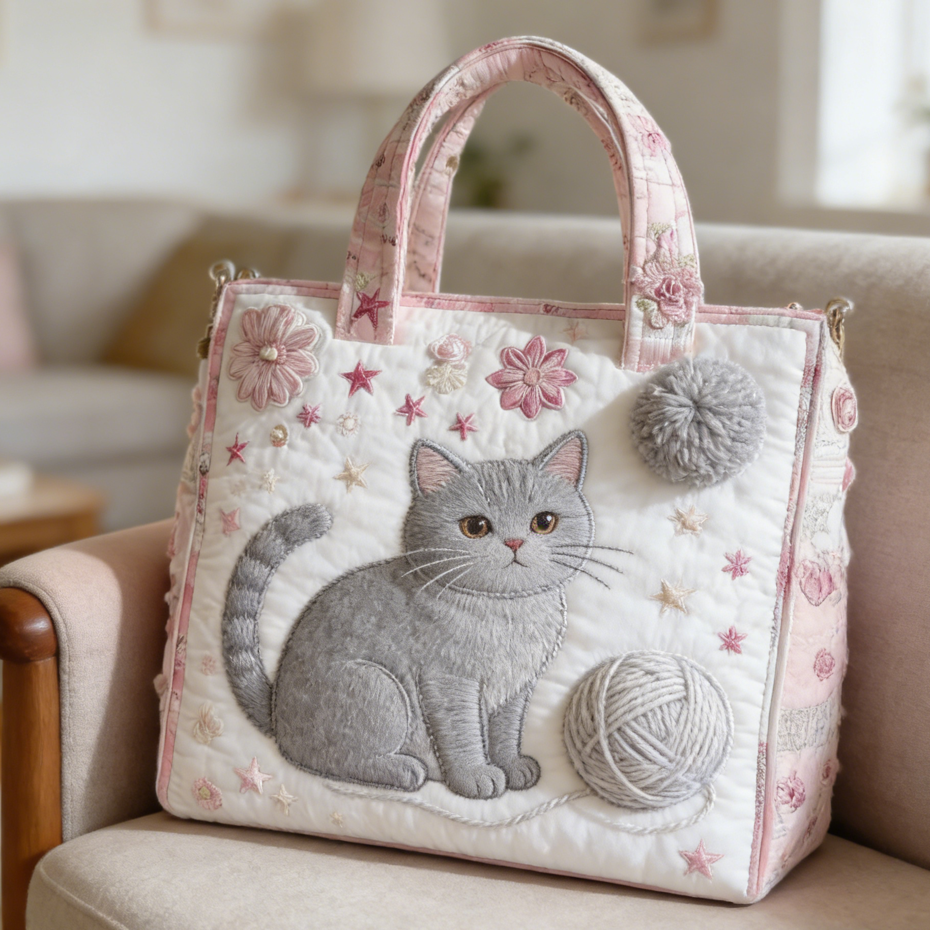 Gray Cat & Yarn Quilted Tote Bag FC50900