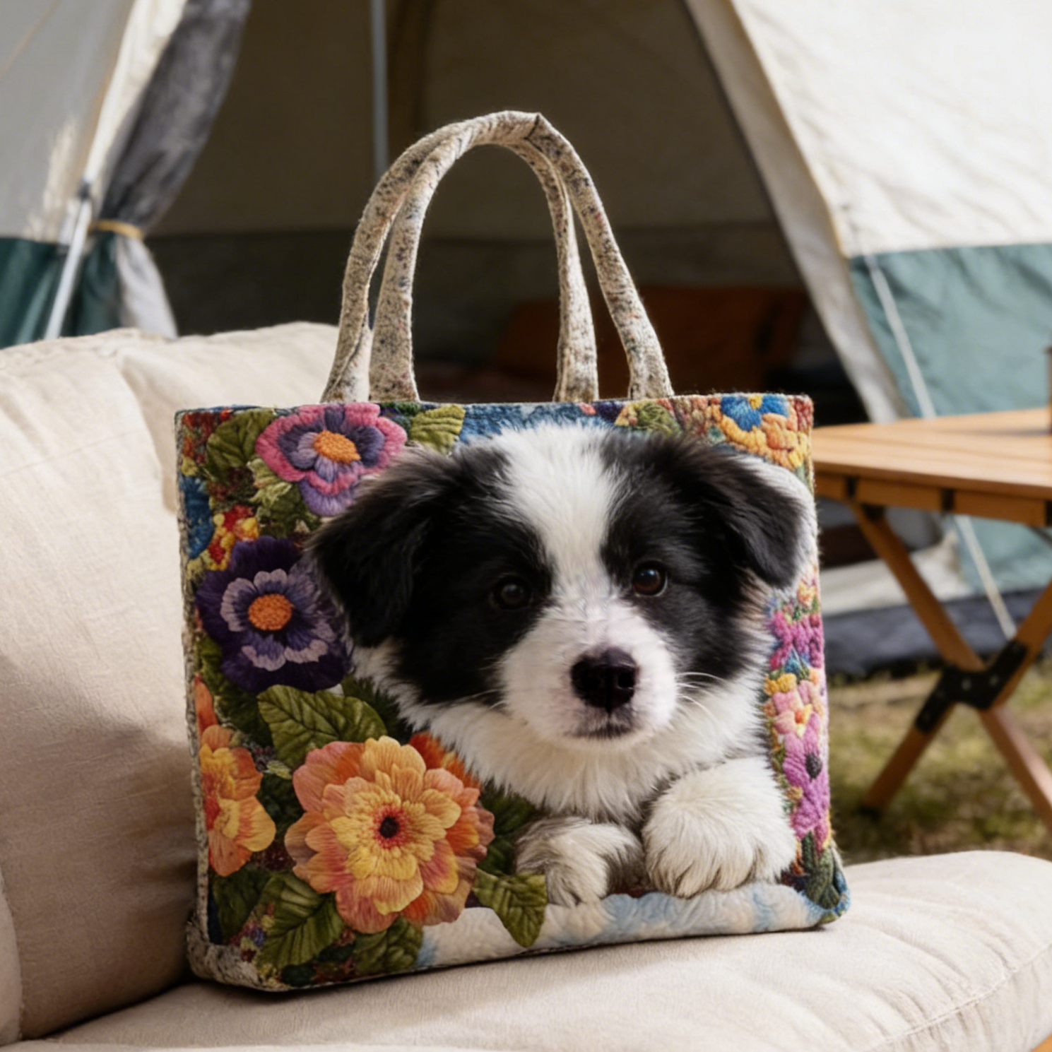 Collie Puppy Floral Quilted Tote Bag GT2587