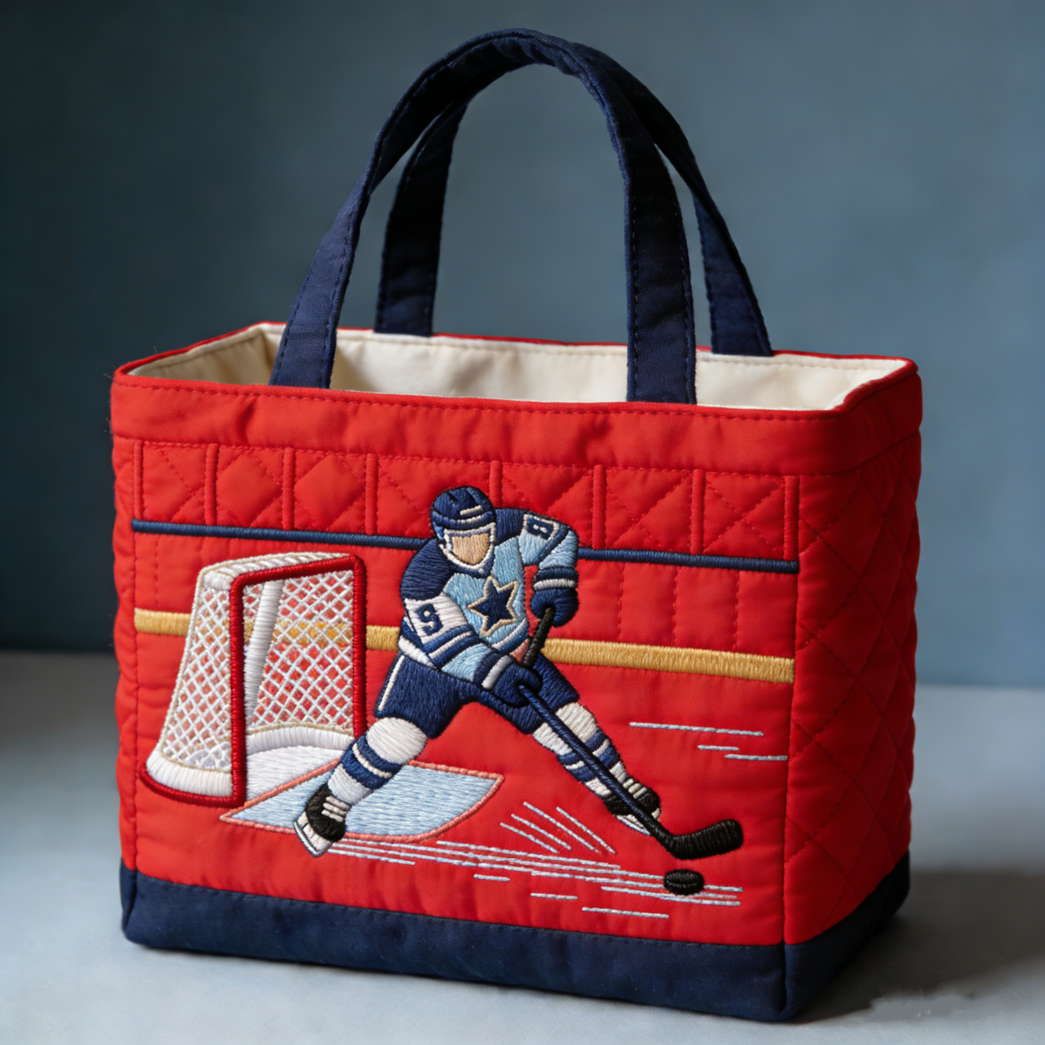 Handmade Quilted Sporty Tote Bag, Hockey Pattern Fabric Shoulder Handbag