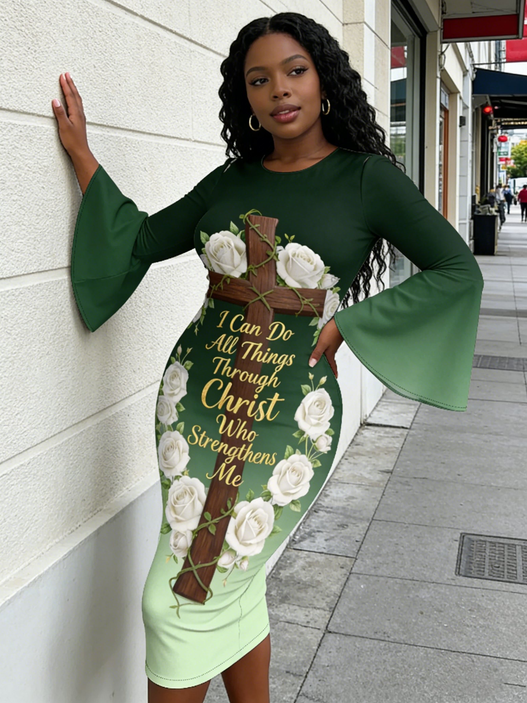 Ombre Green Christian Cross Easter Flare Sleeve Bodycon Midi Dress