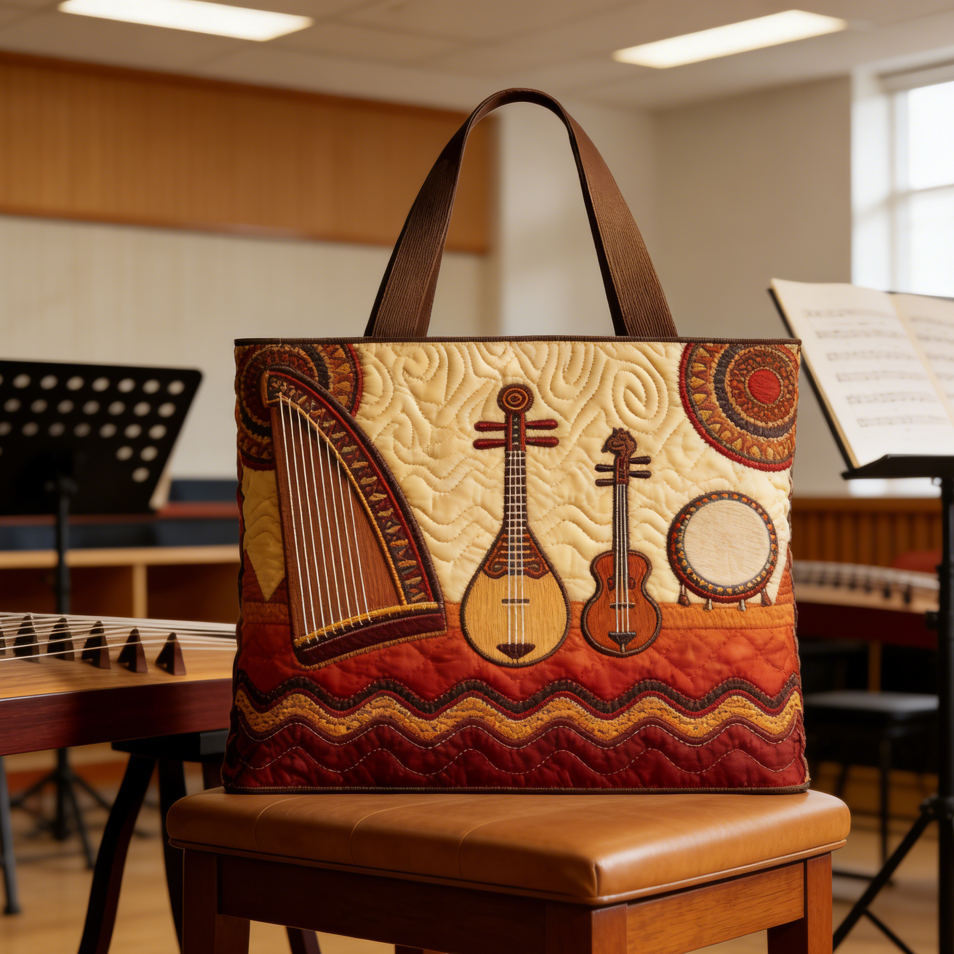 Stitched Instrument Pattern Quilted Tote Bag