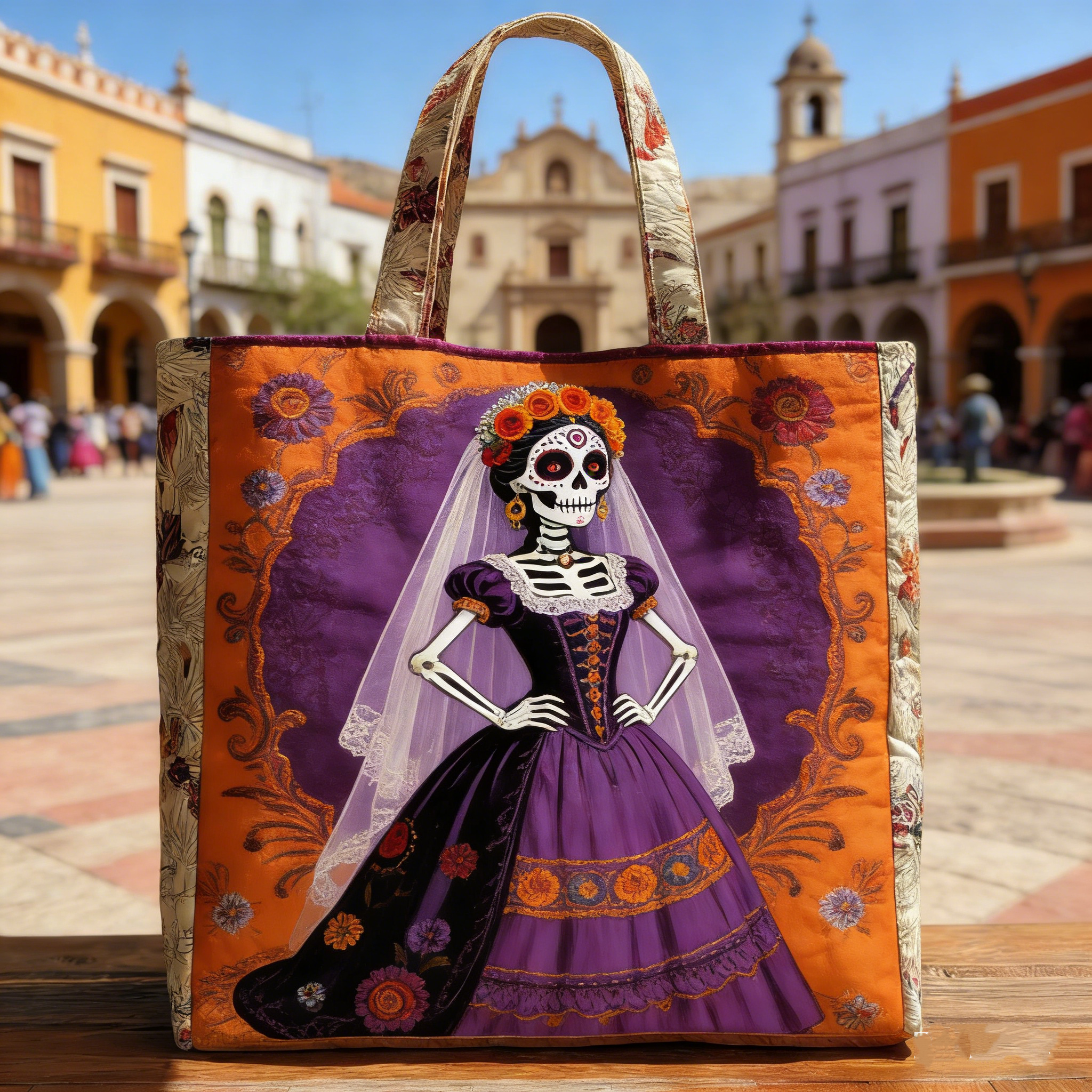 Skeleton Bride Day of the Dead Quilted Tote Bag