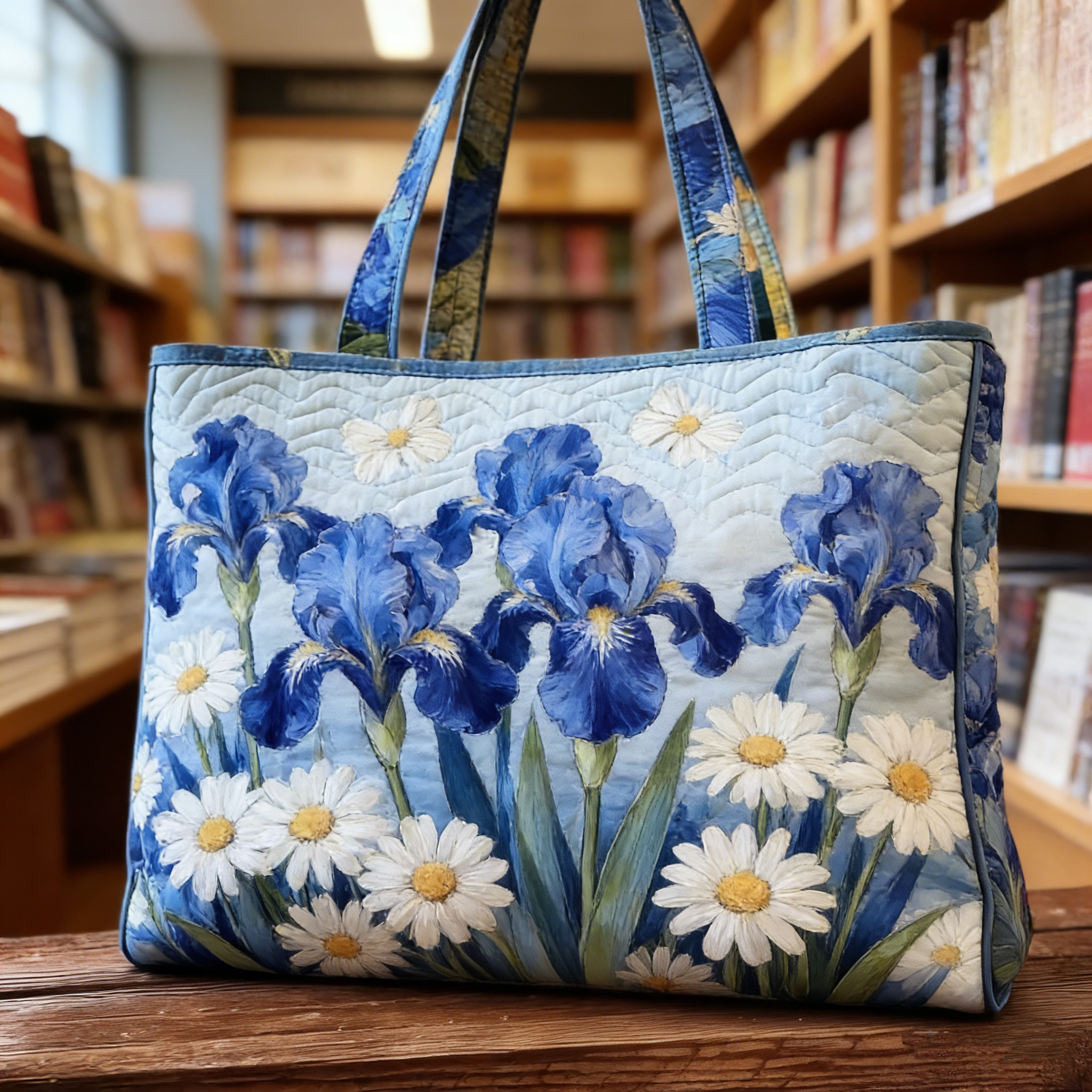 Blue Iris & Daisy Quilted Tote Bag QRSTXJ924