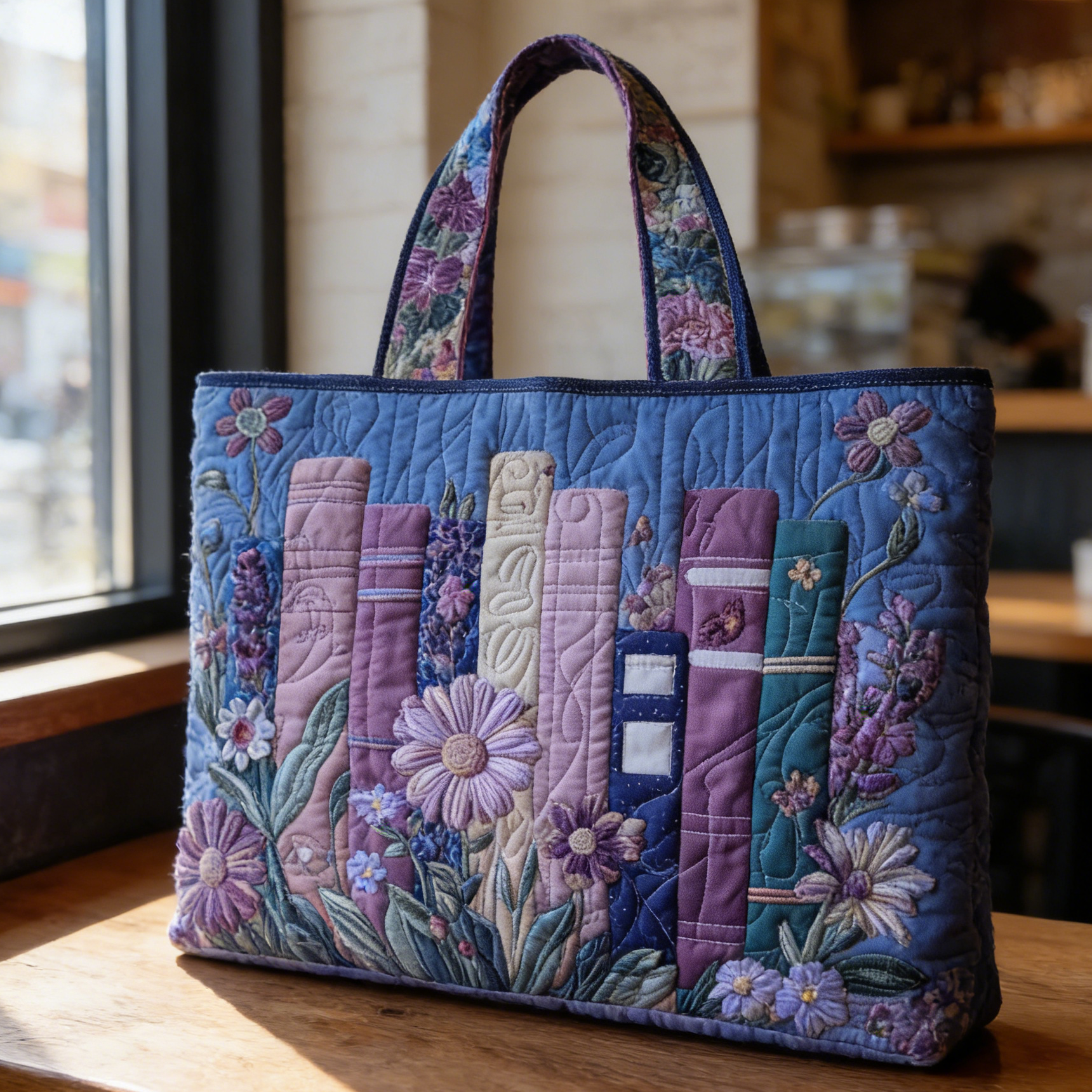 Lavender Book & Bloom Quilted Tote Bag TKZJ4692