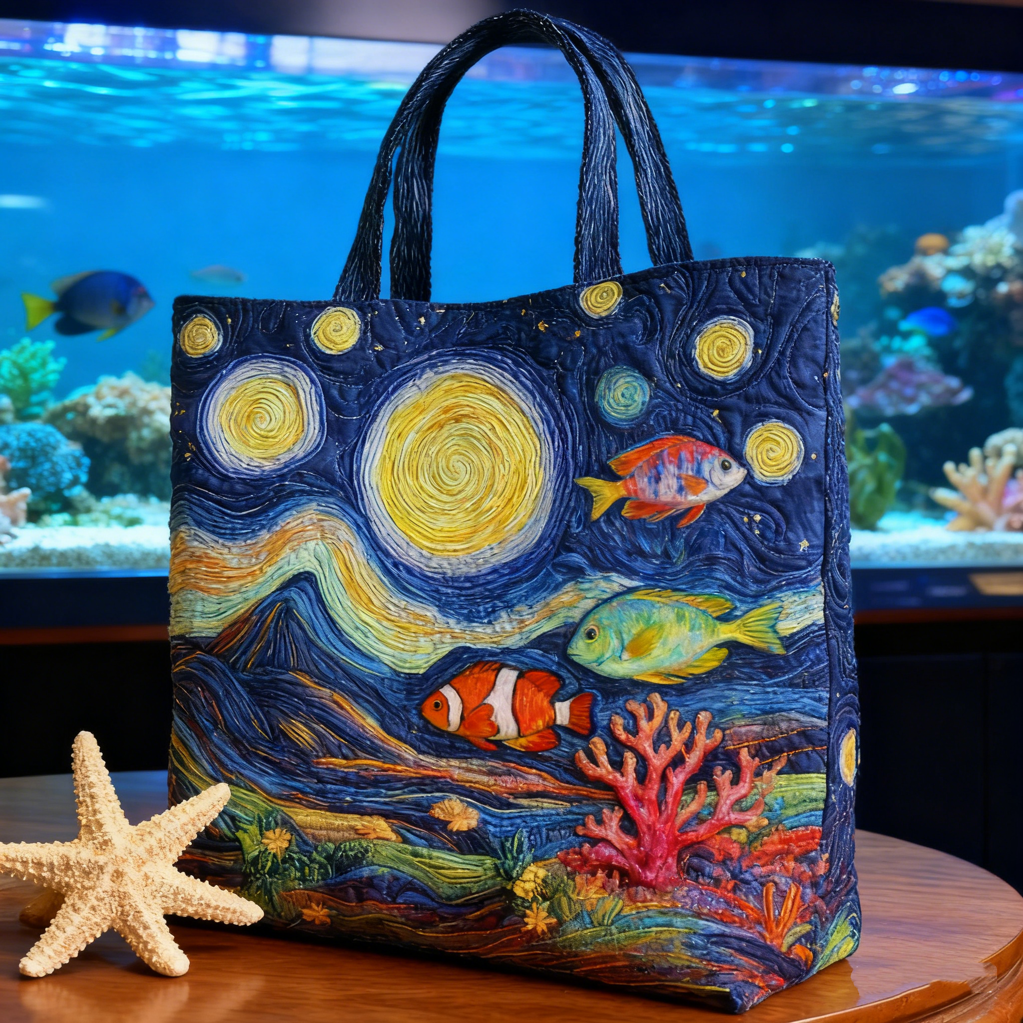 Underwater Starry Night Quilted Tote Bag