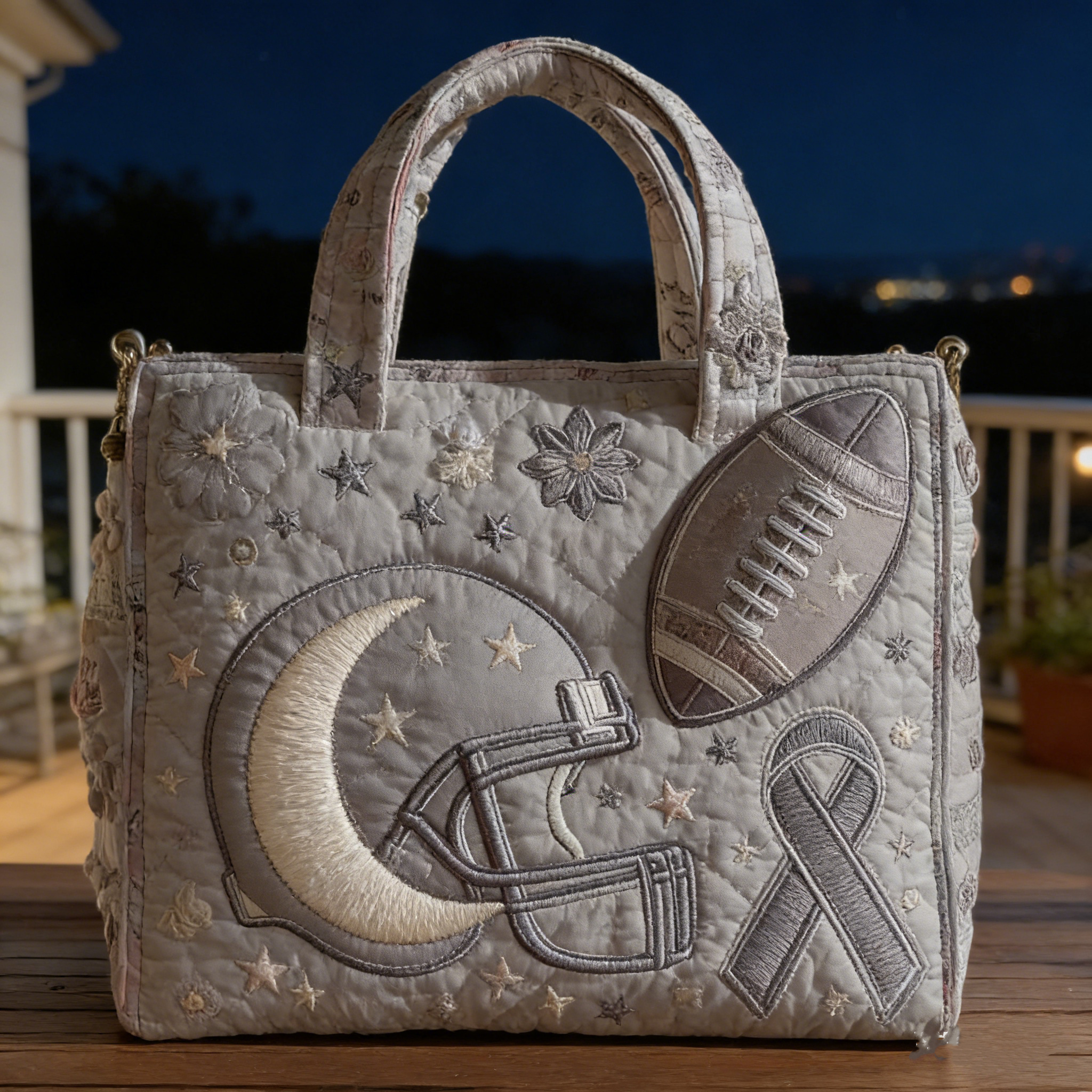 Neutral Football & Gray Ribbon Quilted Tote Bag KX51100
