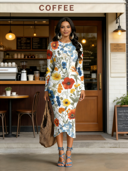 Vibrant Wildflower Round Sleeve Neck Long Bodycon Dress