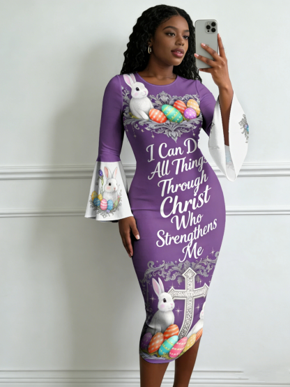 Purple Easter Bunny Cross  Easter Flare Sleeve Bodycon Midi Dress